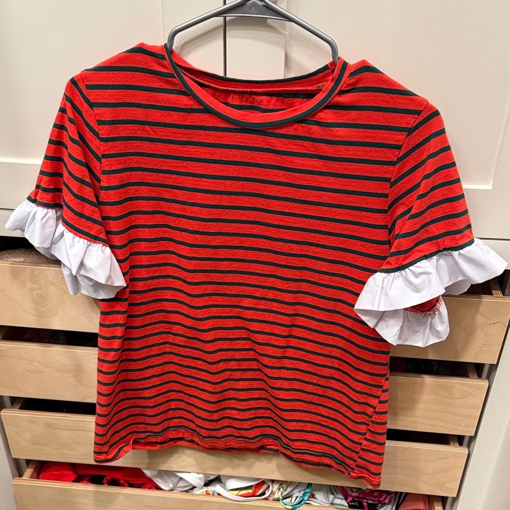 Amazon Women's Red and Navy Striped Tee with White Ruffle Sleeves
